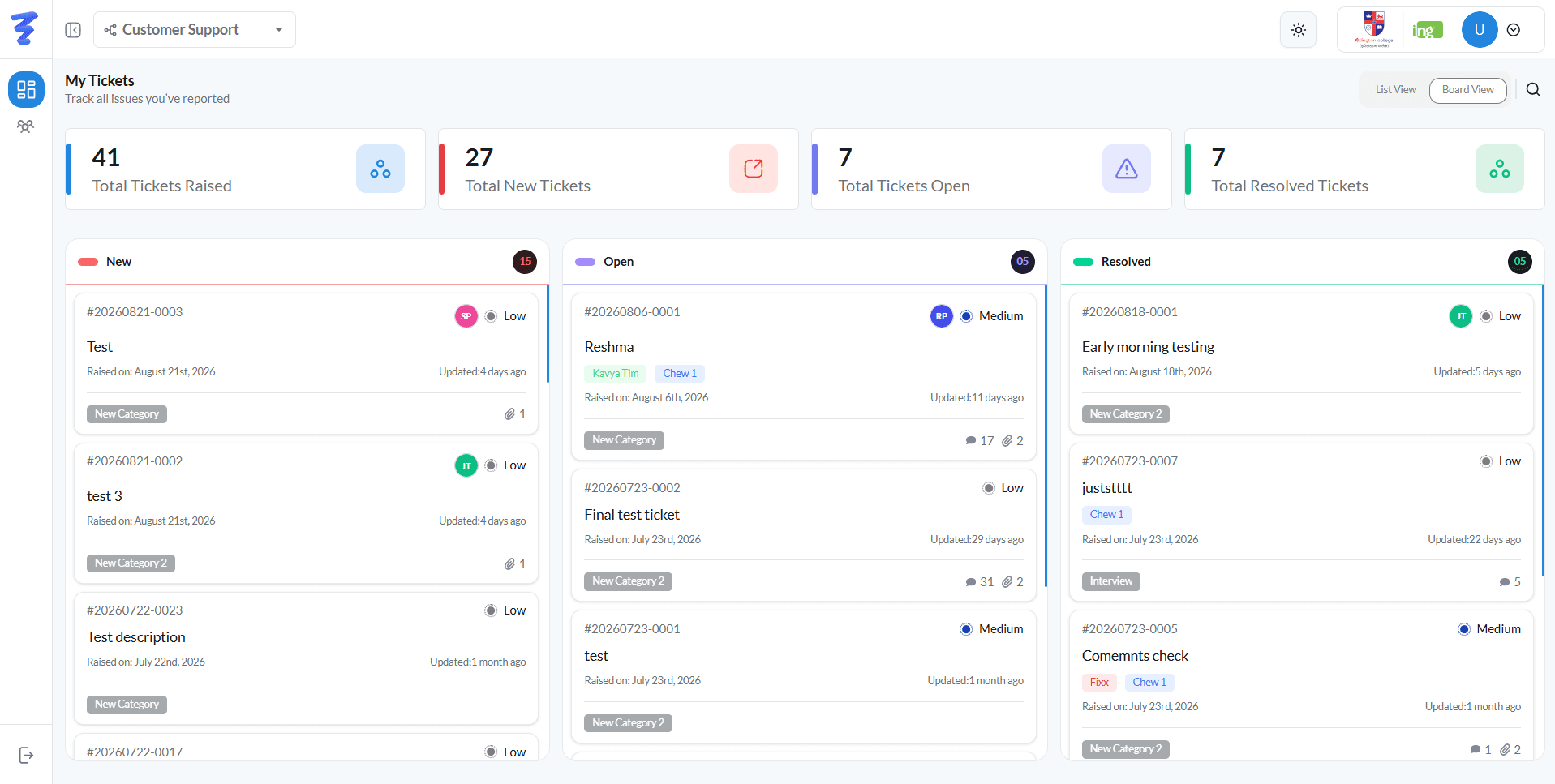 TicketING kanban board with New, Open and Resolved columns and ticket summary cards