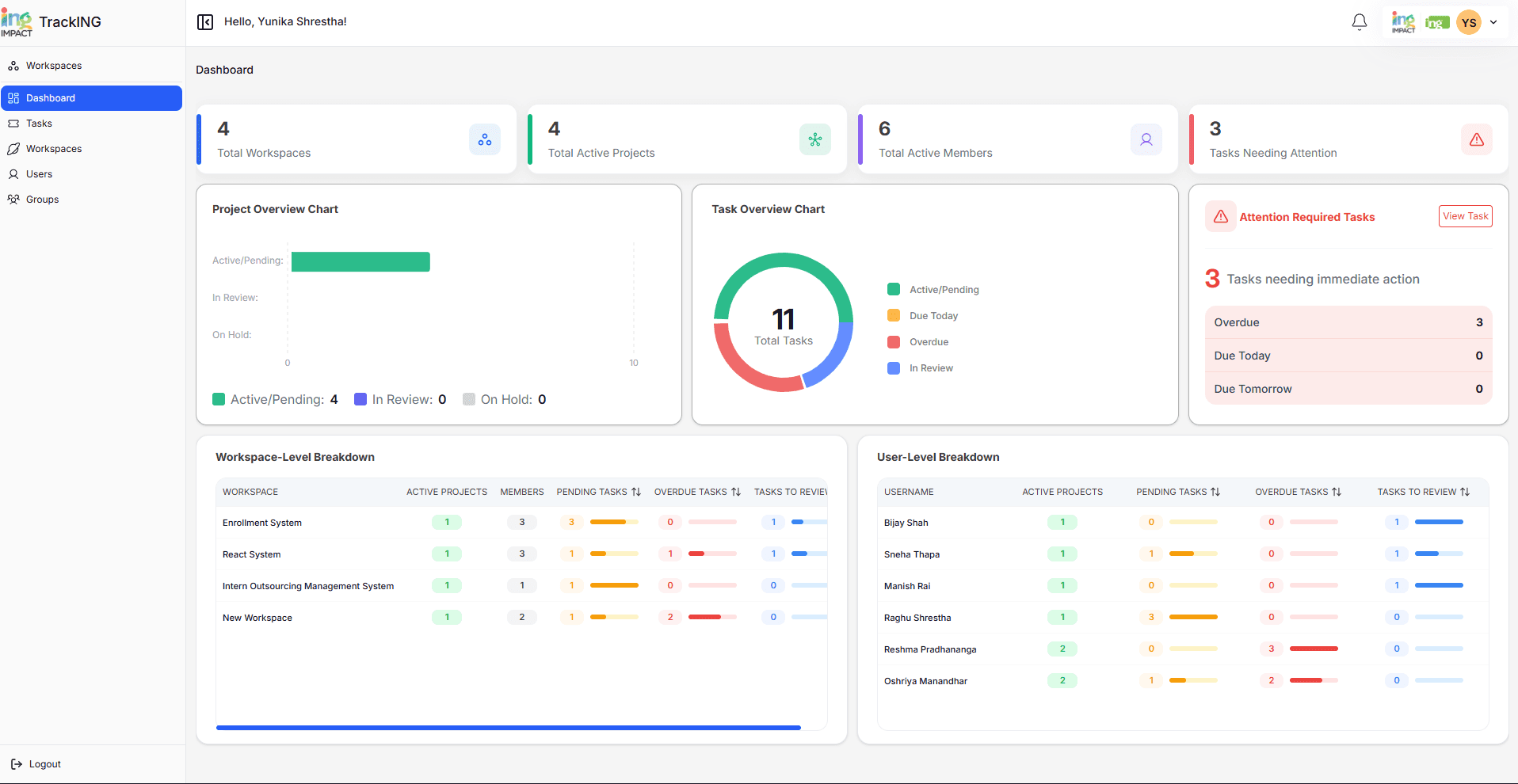 TrackING dashboard showing workspace and task metrics with charts and breakdown tables